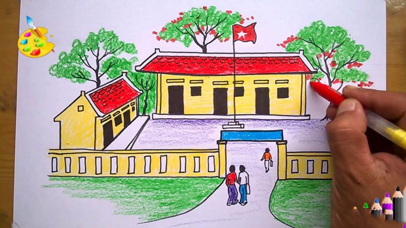 Hình ảnh tranh vẽ trường tiểu học bằng màu sáp
