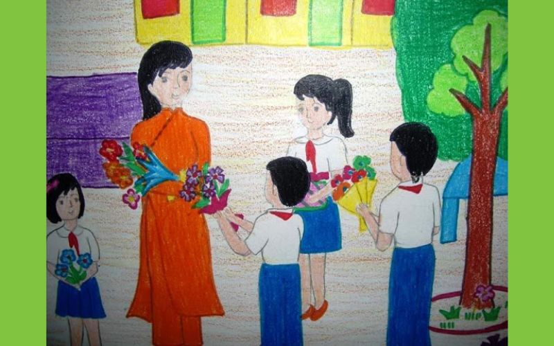 Vẽ học sinh tặng hoa cho cô giáo