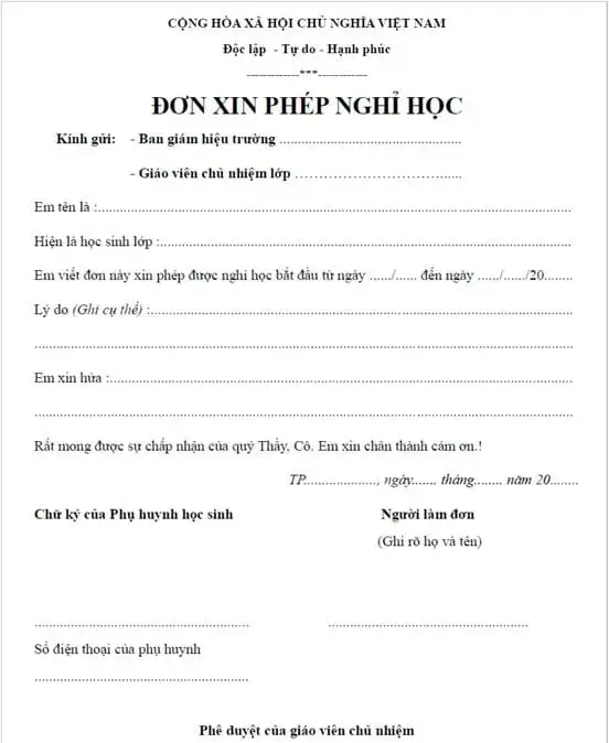 cách ghi đơn xin phép nghỉ học cấp 1, cấp 2, cấp 3
